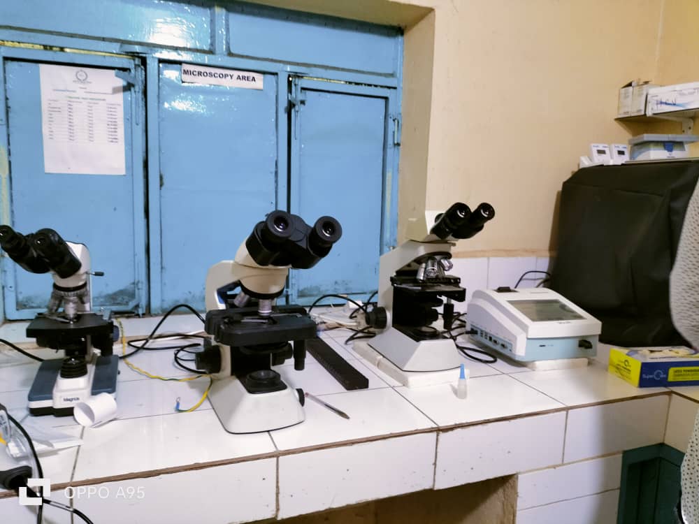 Microscopes on a lab bench